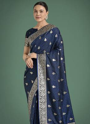 blue banarasi satin silk blend saree with zari weaving work 3