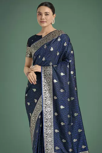 blue banarasi satin silk blend saree with zari weaving work