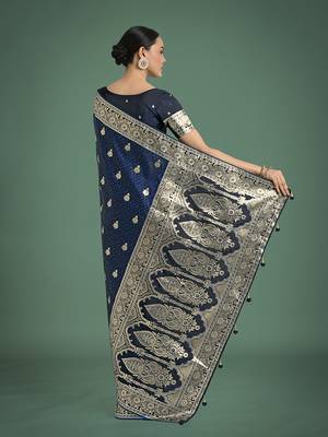 blue banarasi satin silk blend saree with zari weaving work 4