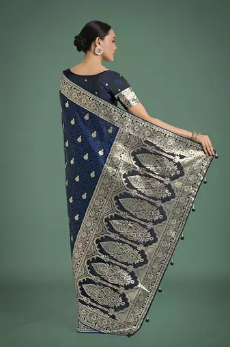 blue banarasi satin silk blend saree with zari weaving work