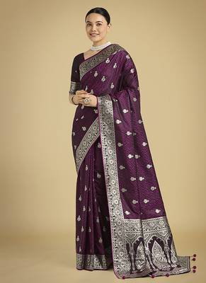 wine banarasi satin silk blend saree with zari weaving work 1
