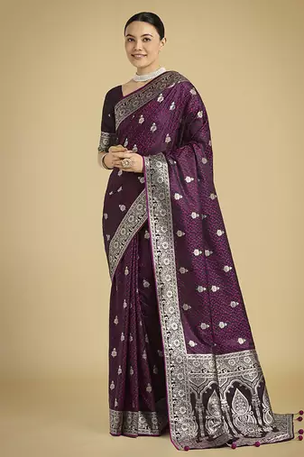wine banarasi satin silk saree with intricate zari weaving pattern