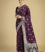 wine banarasi satin silk saree with intricate zari weaving pattern