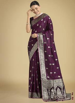 wine banarasi satin silk blend saree with zari weaving work 2