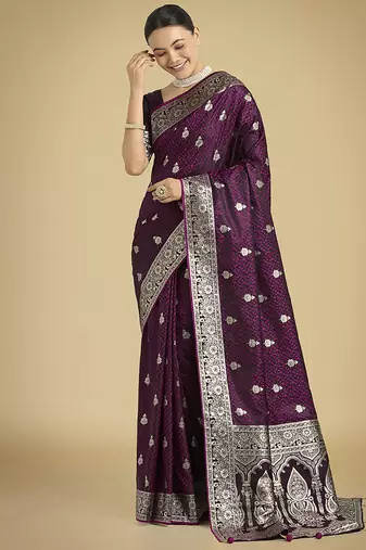 wine banarasi satin silk blend saree with zari weaving work