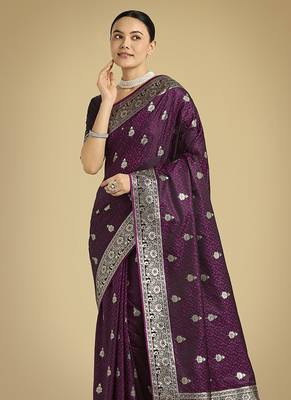 wine banarasi satin silk blend saree with zari weaving work 3