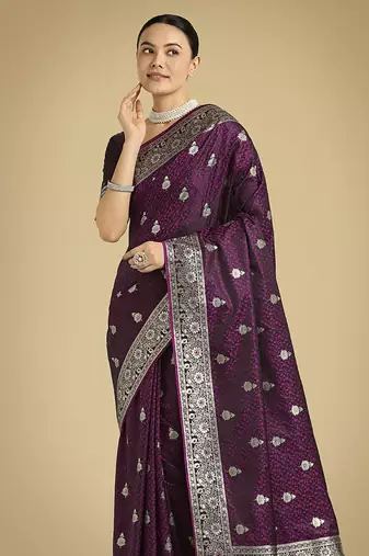 wine banarasi satin silk blend saree with zari weaving work