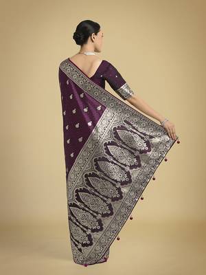 wine banarasi satin silk blend saree with zari weaving work 4