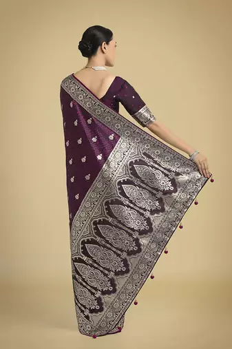 wine banarasi satin silk blend saree with zari weaving work