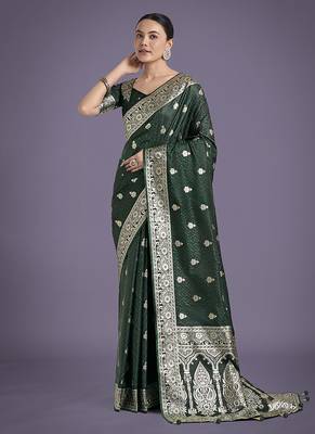 dark green banarasi satin silk blend saree with zari weaving work 1