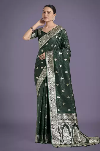 dark green banarasi satin silk saree with intricate zari weaving pattern