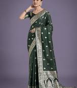 dark green banarasi satin silk saree with zari weaving work