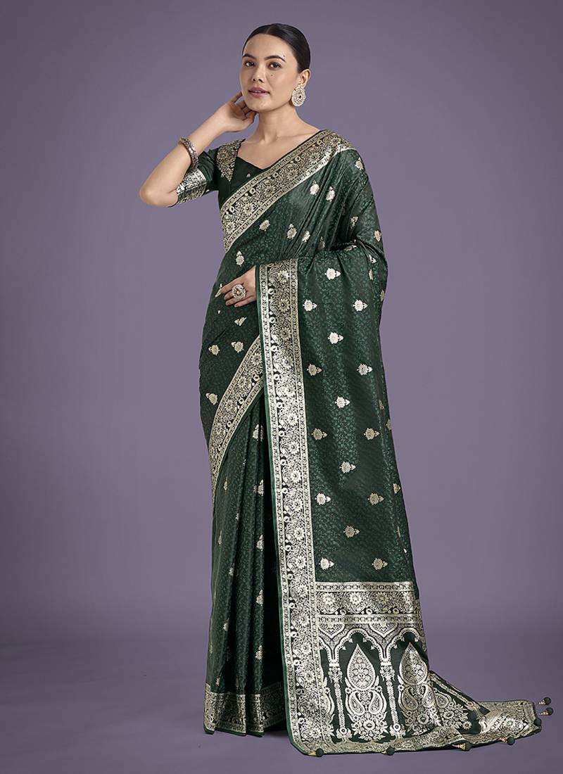 dark green banarasi satin silk saree with intricate zari weaving pattern