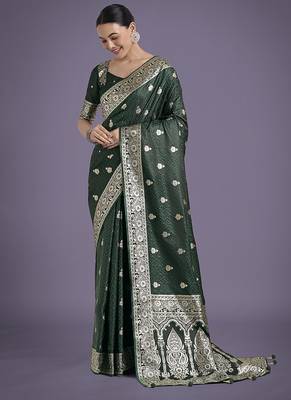 dark green banarasi satin silk blend saree with zari weaving work 2