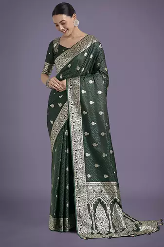 dark green banarasi satin silk blend saree with zari weaving work