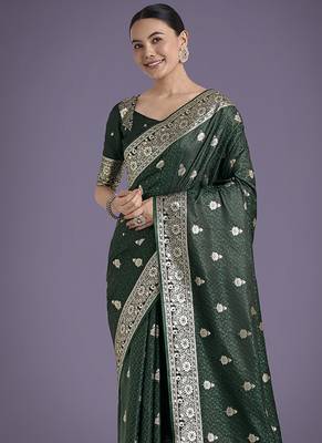 dark green banarasi satin silk blend saree with zari weaving work 3