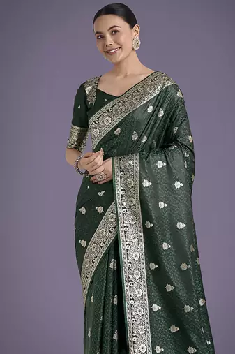 dark green banarasi satin silk blend saree with zari weaving work