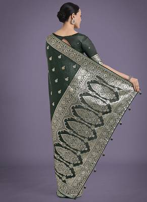 dark green banarasi satin silk blend saree with zari weaving work 4