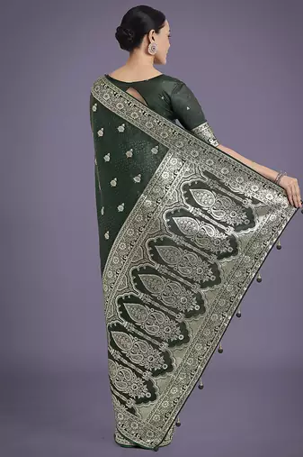 dark green banarasi satin silk blend saree with zari weaving work