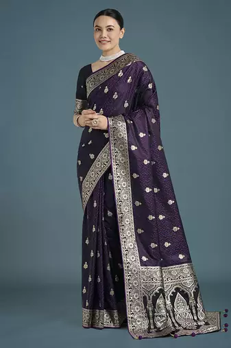 purple banarasi satin silk saree with intricate zari weaving pattern