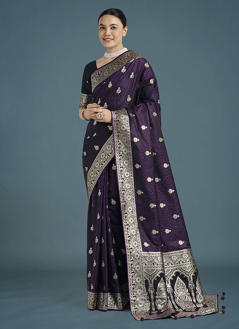 purple banarasi satin silk saree with intricate zari weaving pattern