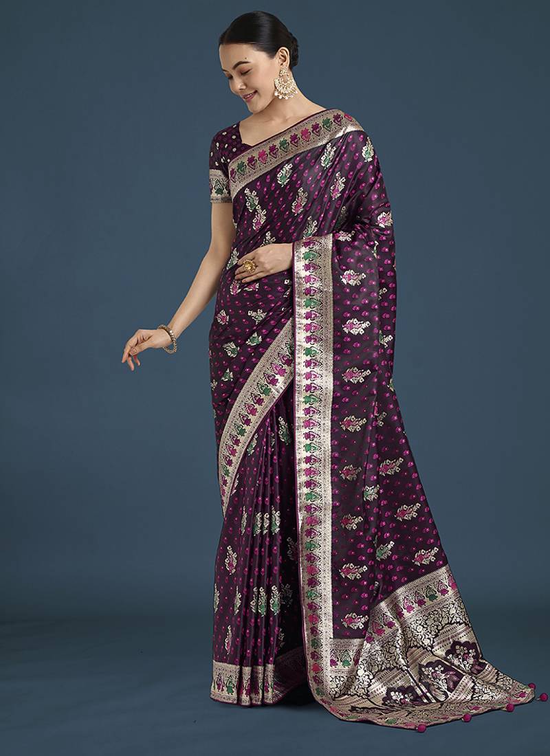 wine with gold border banarasi zari woven satin saree
