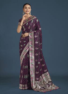 wine banarasi zari woven satin saree 2