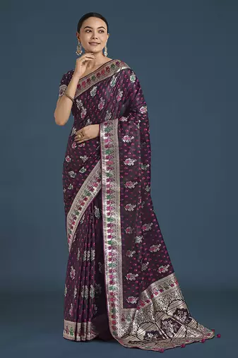 wine banarasi zari woven satin saree