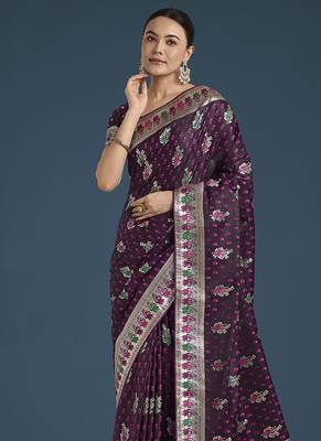 wine banarasi zari woven satin saree 3