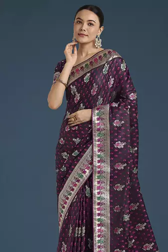 wine banarasi zari woven satin saree