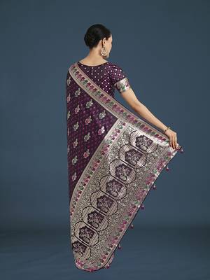 wine banarasi zari woven satin saree 4