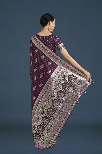 wine banarasi zari woven satin saree