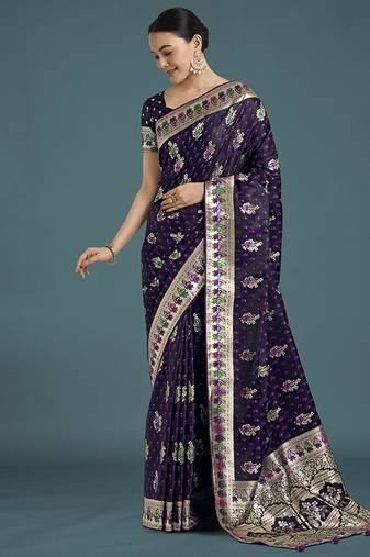 purple with gold border banarasi zari woven satin saree