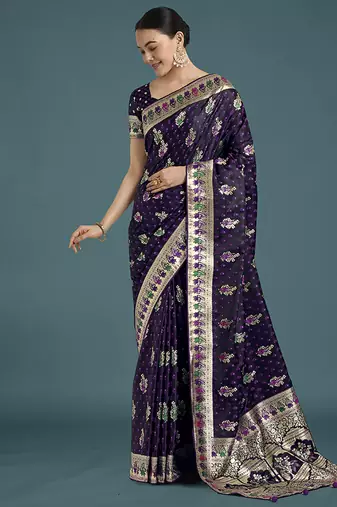 purple with gold border banarasi zari woven satin saree