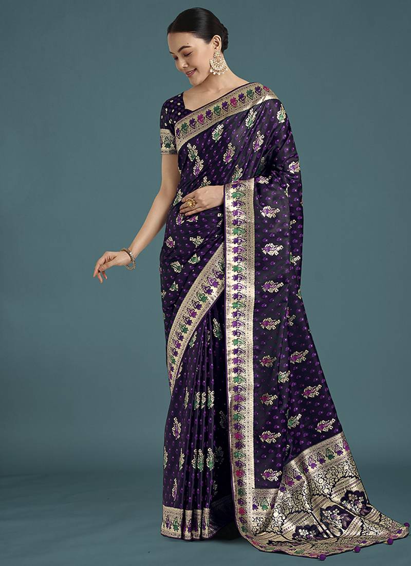 purple with gold border banarasi zari woven satin saree