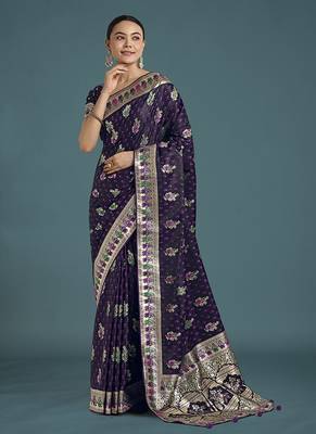 purple banarasi zari woven satin saree 2
