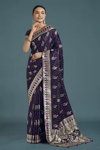 purple banarasi zari woven satin saree