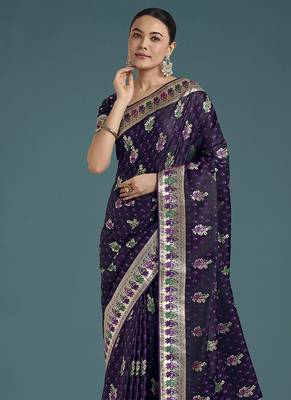 purple banarasi zari woven satin saree 3