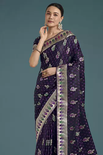purple banarasi zari woven satin saree