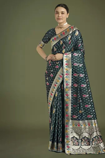 teal with gold border banarasi zari woven satin saree