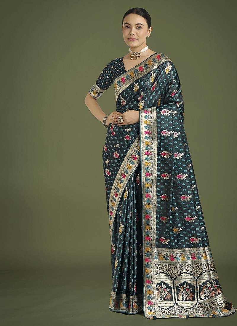 teal with gold border banarasi zari woven satin saree