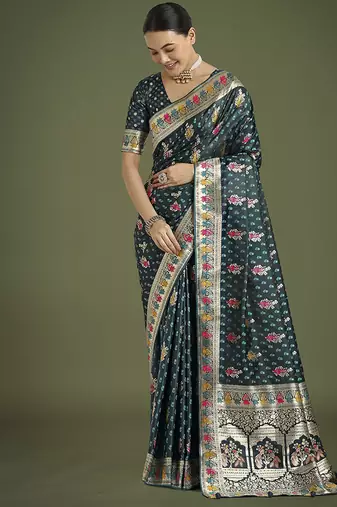teal banarasi zari woven satin saree