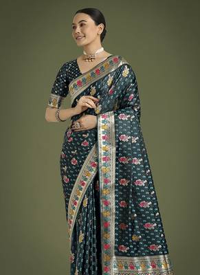 teal banarasi zari woven satin saree 3