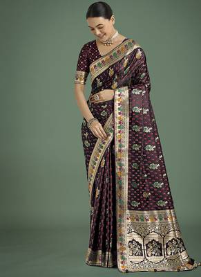 maroon banarasi zari woven satin saree 1