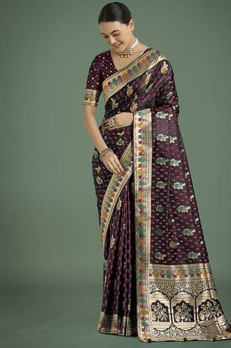 maroon with gold border banarasi zari woven satin saree
