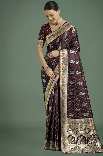 maroon with gold border banarasi zari woven satin saree