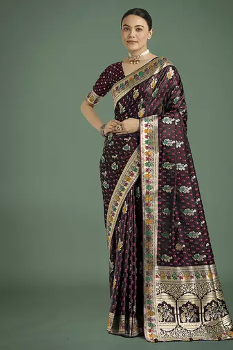 maroon banarasi zari woven satin saree
