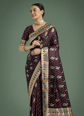 maroon banarasi zari woven satin saree 3