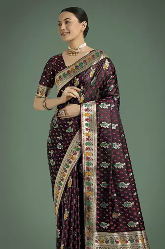 maroon banarasi zari woven satin saree