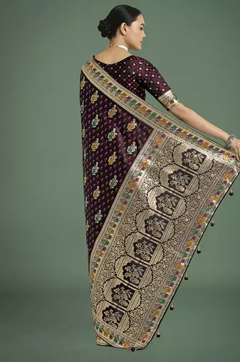 maroon banarasi zari woven satin saree